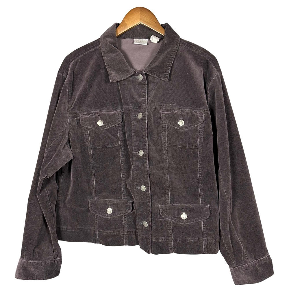 Chico's Micro Corduroy Jacket Stretch Chocolate Brown XL Denim Style Trucker